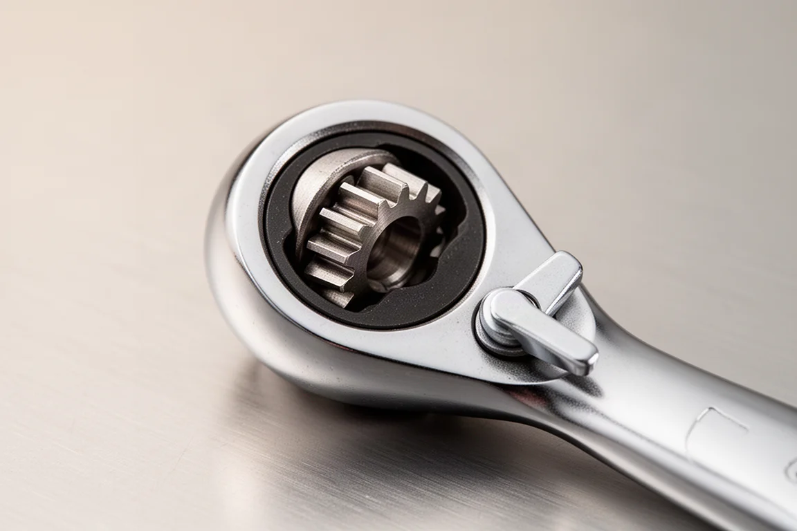 Close-up van een ratelkop met een mechanisme met 60 tanden