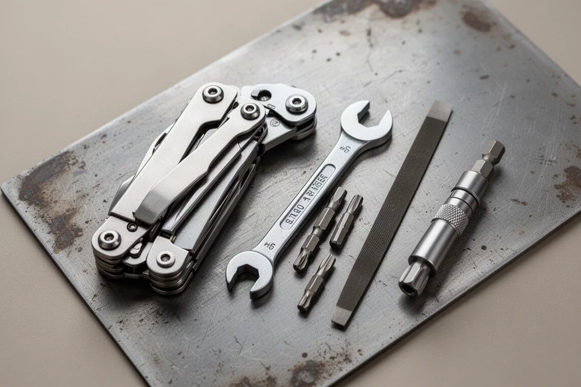 Flat lay van everyday carry met een multitool, kleine ratel en reservebits