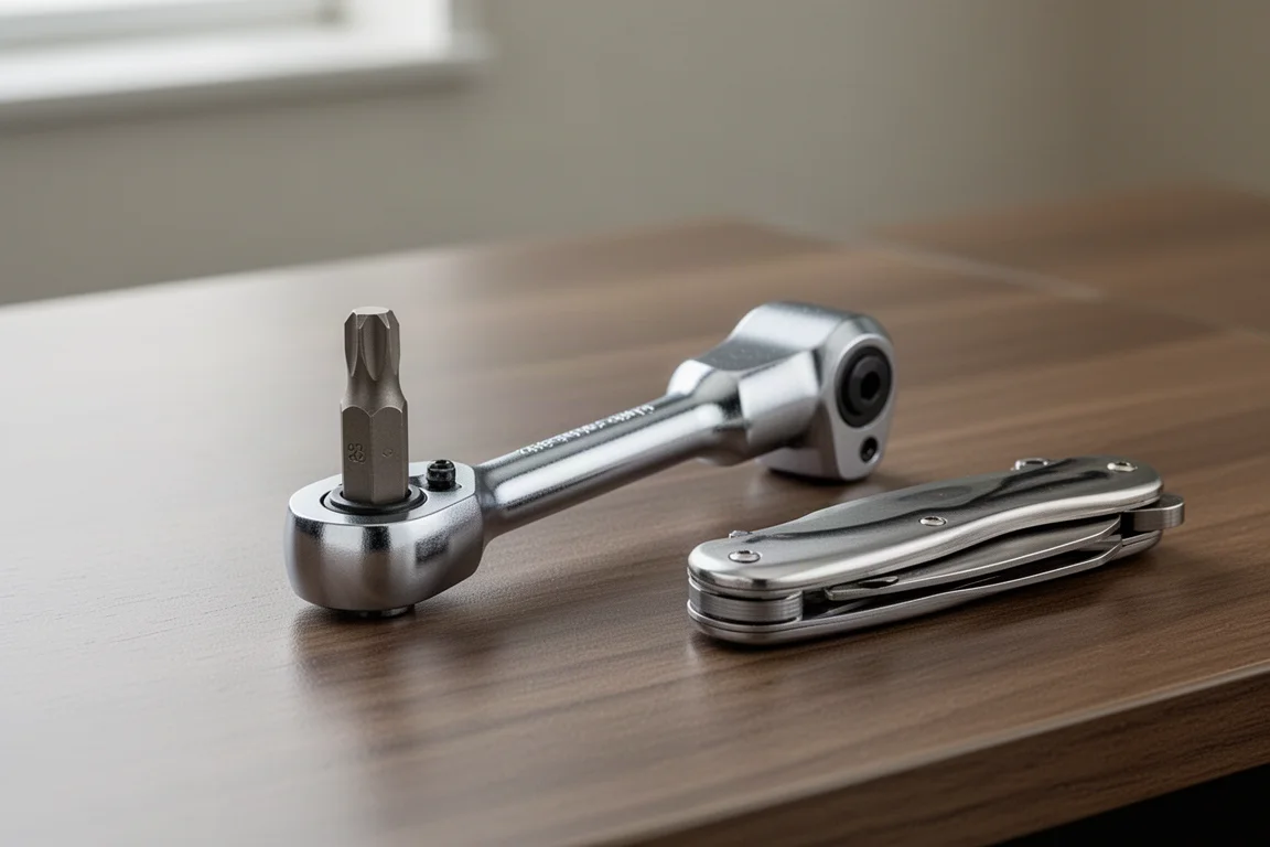 Compacte EDC-ratelsleutel met een kwart-bit op een bureau