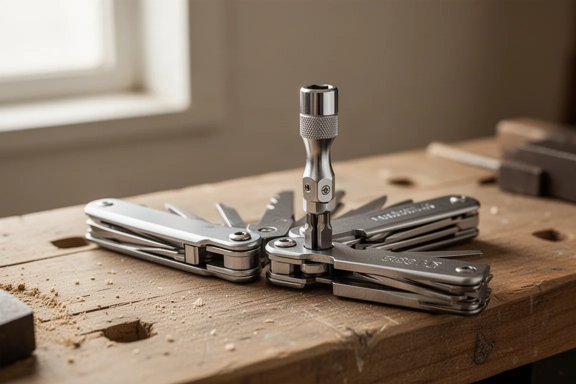 Multitool met een kleine rateldriver in de bit-houder geplaatst