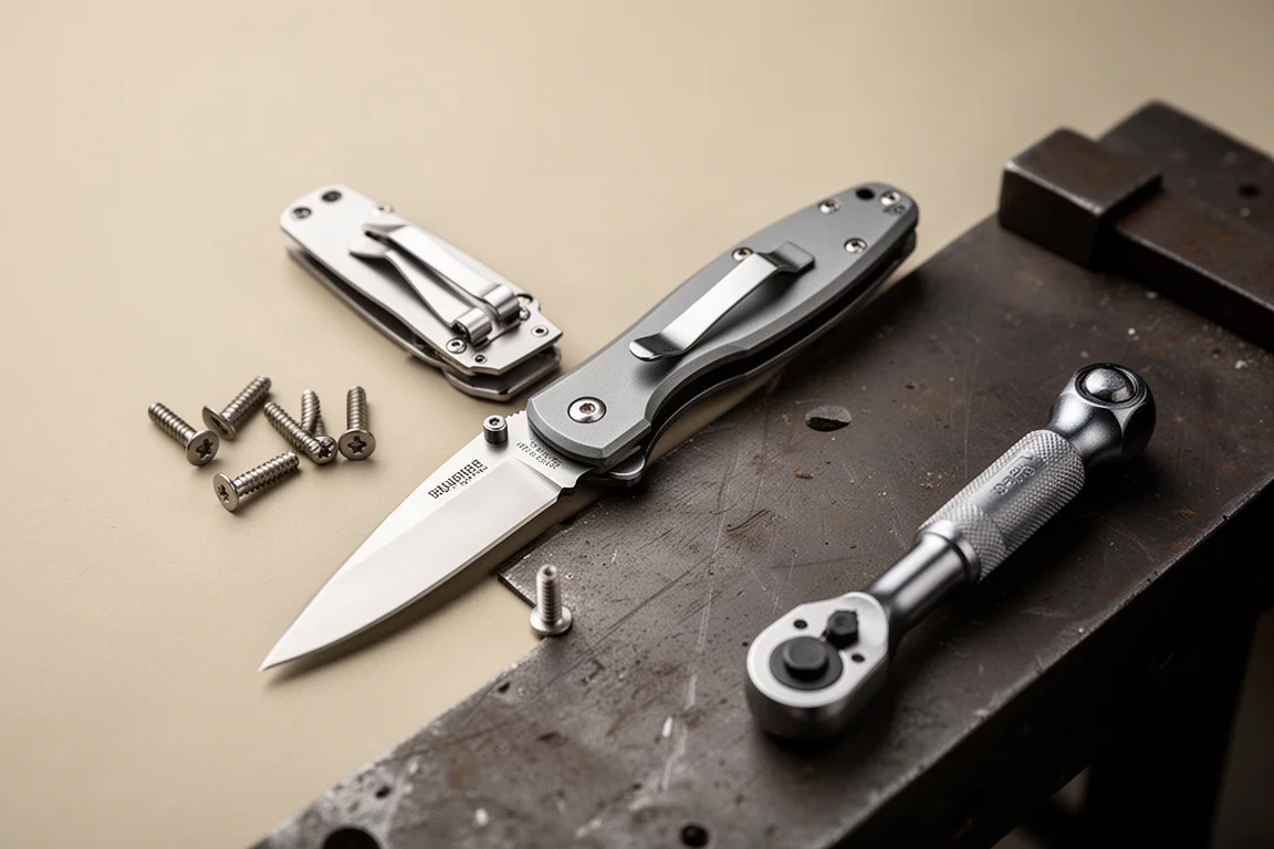 Pocketclip wordt verwisseld aan een zakmes met een kleine ratel
