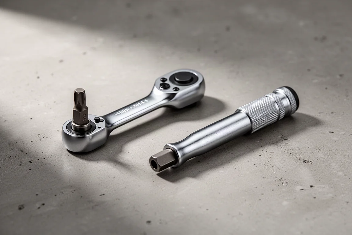 Compact right-angle EDC ratchet wrench and straight-shank ratchet driver side by side on concrete