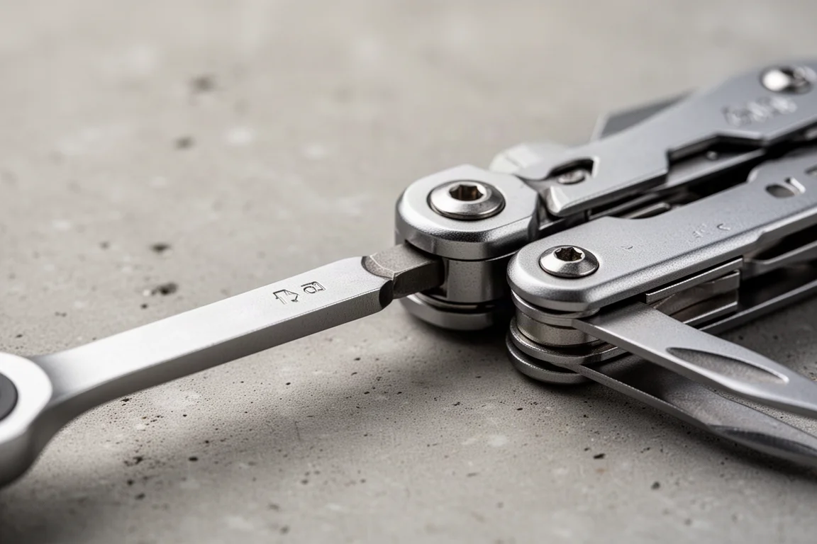 Vlakke kant van een compacte klepsleutel wordt uitgelijnd met de bit-houder van een inklapbare multitool