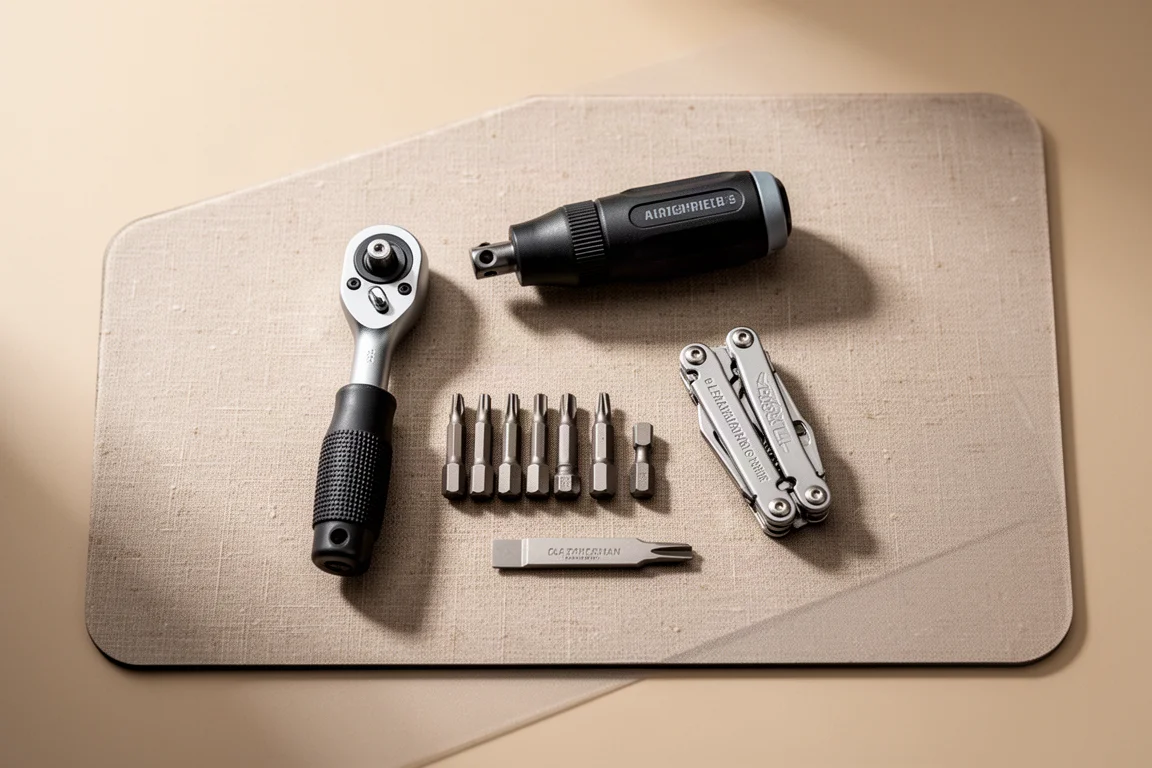 Compacte klepsleutel met flexibele kop draait tussen standaard kwart-inch hex bits op een bureau