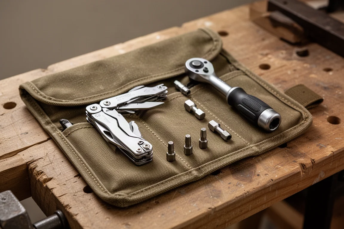 Open EDC-etui met een multitool, compacte klepsleutel en kleine bits