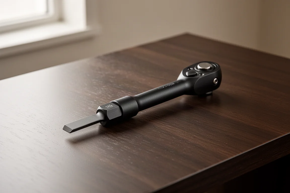 Compacte klepsleutel met vlakke kop op een donker houten bureau