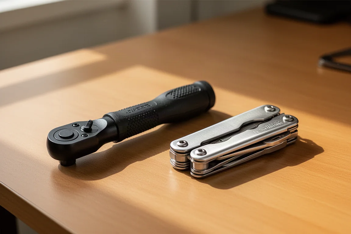 Compacte micro-ratel in de hand gehouden, naast een opvouwbare multitool op een bureau