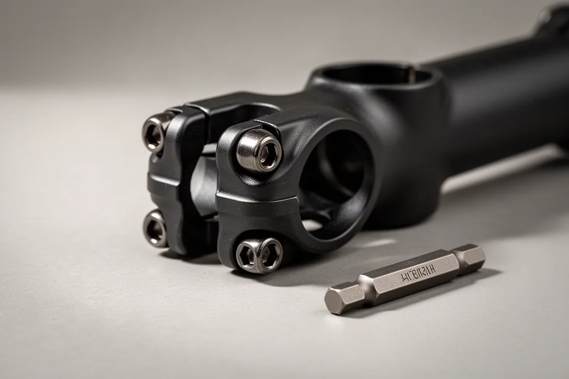 Kleine bevestigingsmiddelen op een fietscomponent waaraan met een hex bit gewerkt wordt