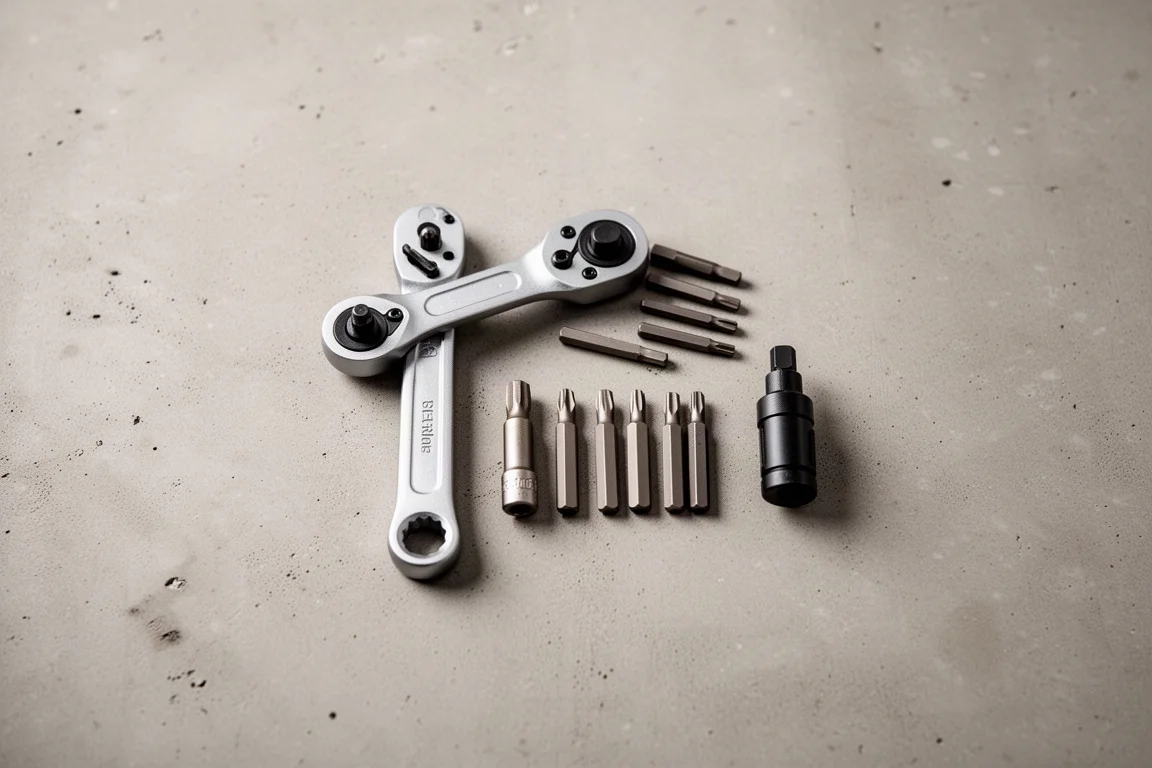 Platliggende compacte EDC-tools en bits op een betonnen oppervlak