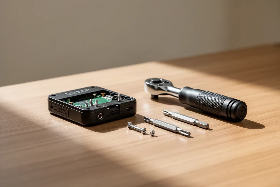 Kleine reparatie in uitvoering op een bureau met compacte tools en bits