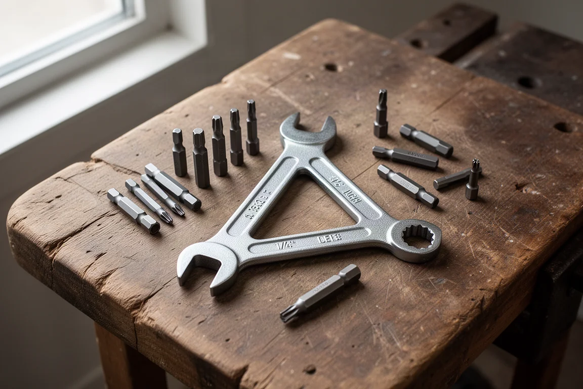 Three-way sleutel met drie hex-bits op een werkbank