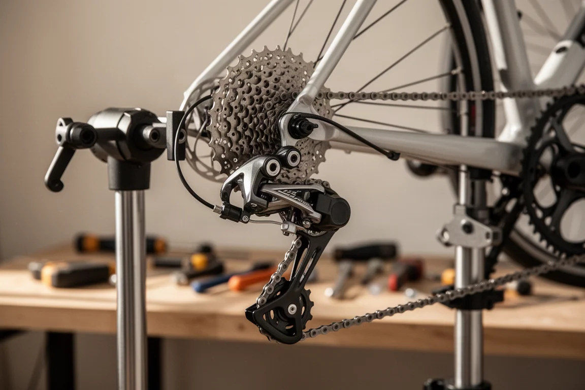 Handenvrije scène van een fietsderailleur die wordt afgesteld in een reparatiestandaard