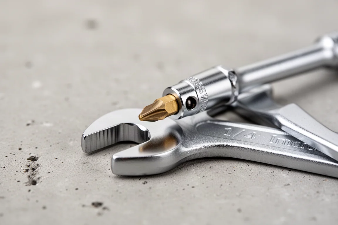 Close-up van een goudkleurige precisie-bit die in een stalen socket wordt geplaatst