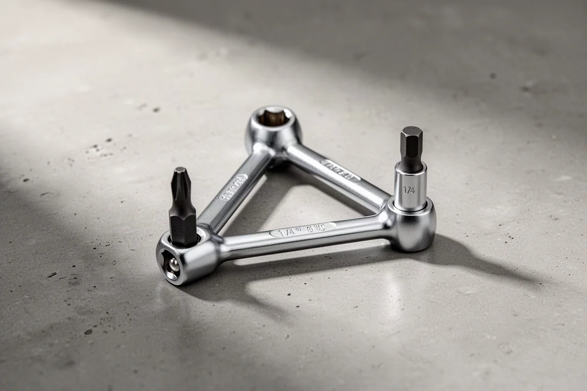 Gepolijste stalen three-way sleutel met 1/4-inch sockets op een betonnen ondergrond