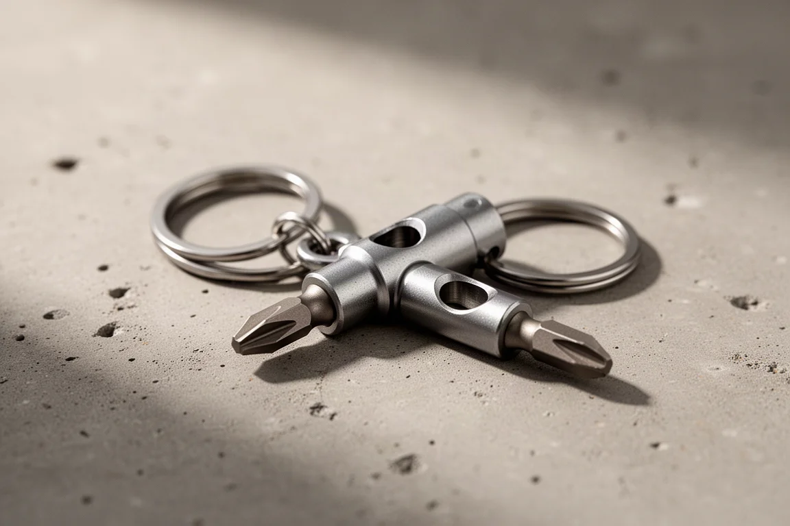 Close-up van een compacte metalen bit driver met een lanyard-gat aan een sleutelhanger