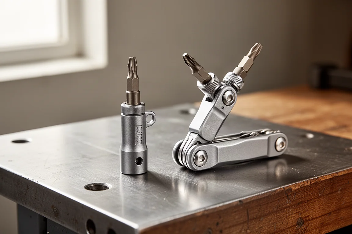 Twee compacte metalen bit driver add-ons naast elkaar op een werkbank