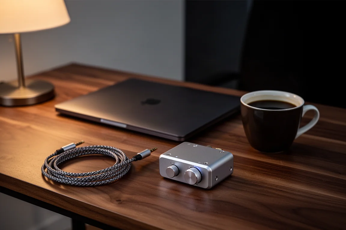 Bureau d'écoute calme au crépuscule avec un ordinateur portable, un amplificateur casque portable et un câble tressé enroulé