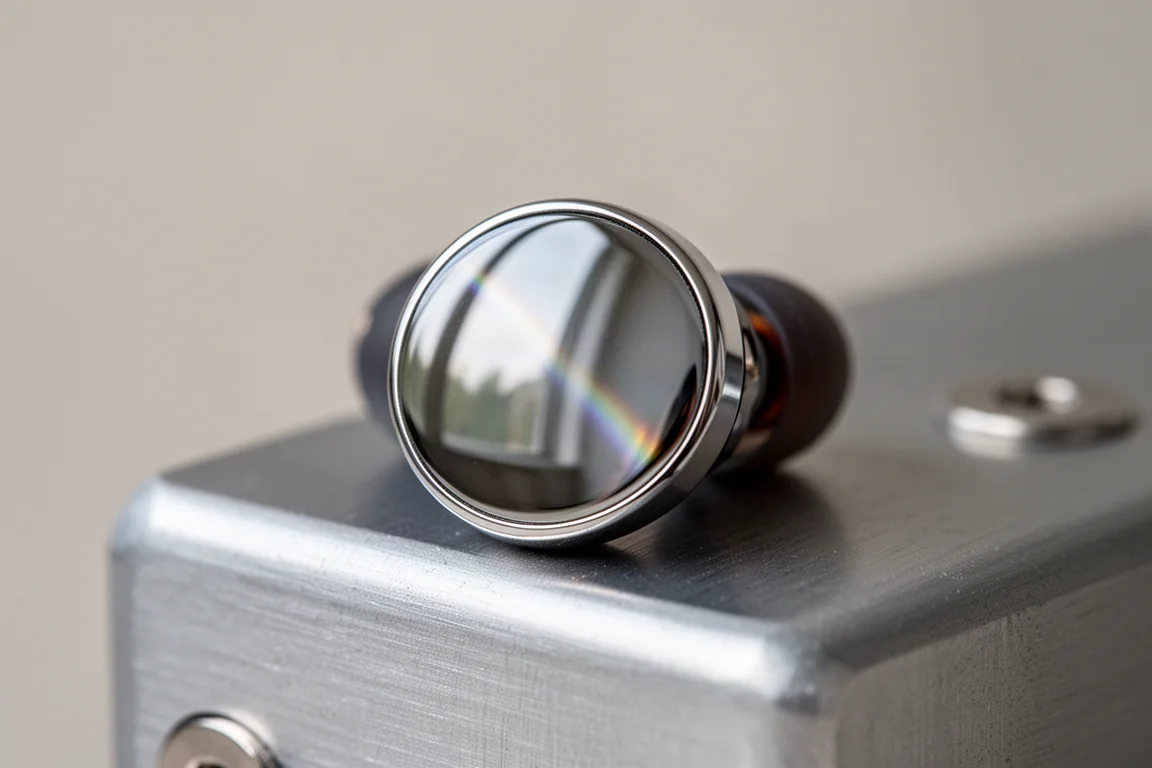 Vue macro d'une coque d'écouteur intra-auriculaire polie captant le reflet doux d'une fenêtre