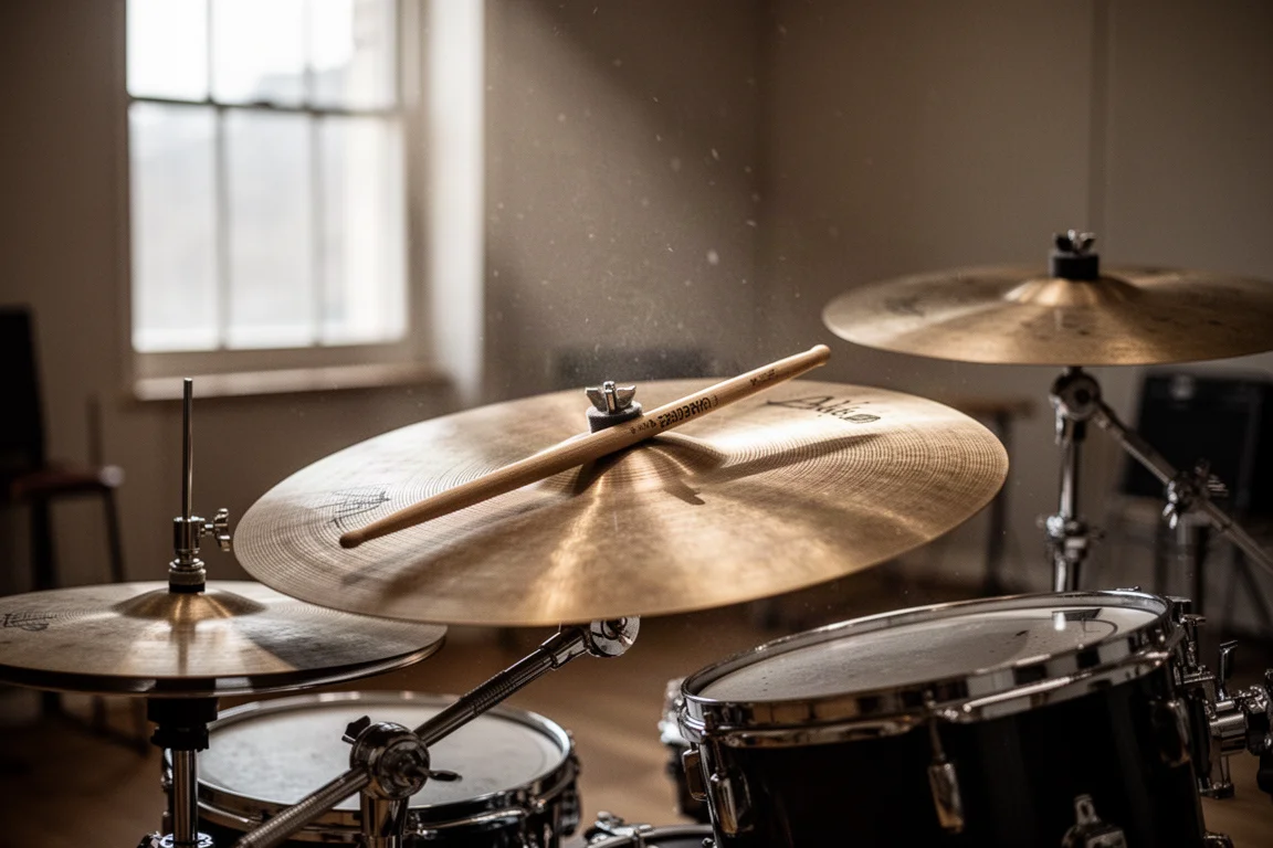 Cymbales en laiton dans une salle de répétition avec une baguette posée en travers du charleston