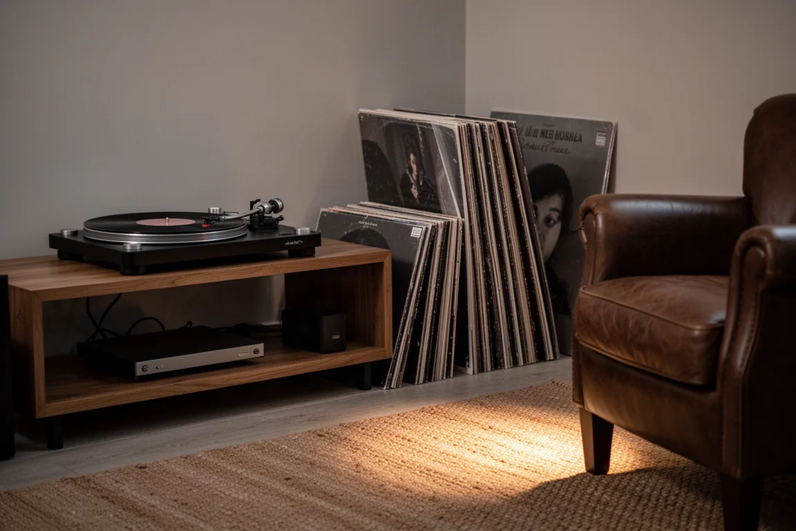 Coin d'une salle d'écoute avec une platine vinyle, des disques empilés et une lumière chaude sur un tapis