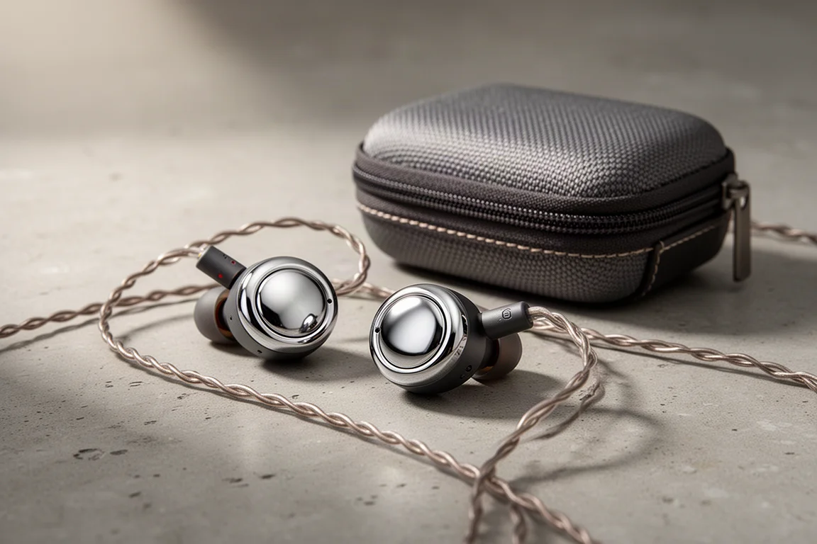 Two planar magnetic in-ear monitors with polished faceplates beside a zippered carry case