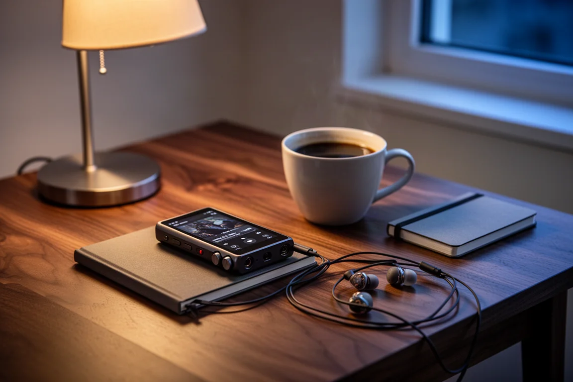 Portabel ljudspelare, kaffe och in-ear monitorer på ett valnötskrivbord i skymningen