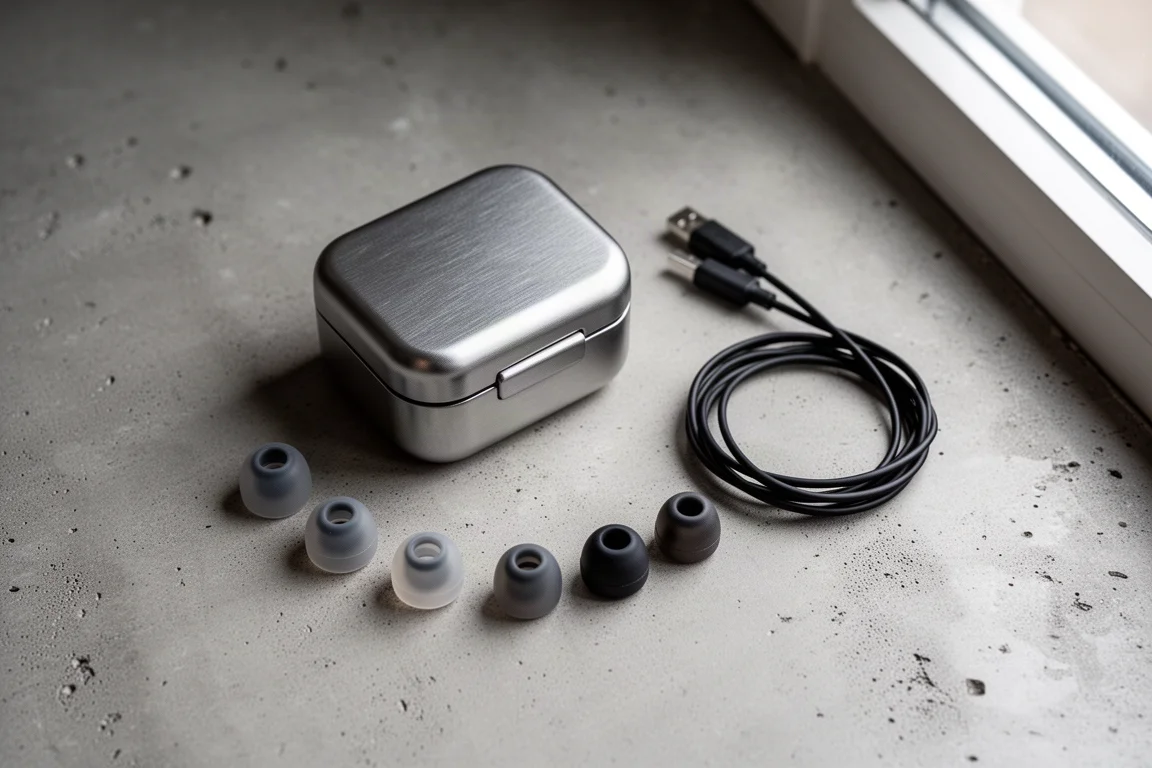 Ovanifrån platt bild av ett metallfodral, öronsnäckor och en ihoprullad kabel på betong