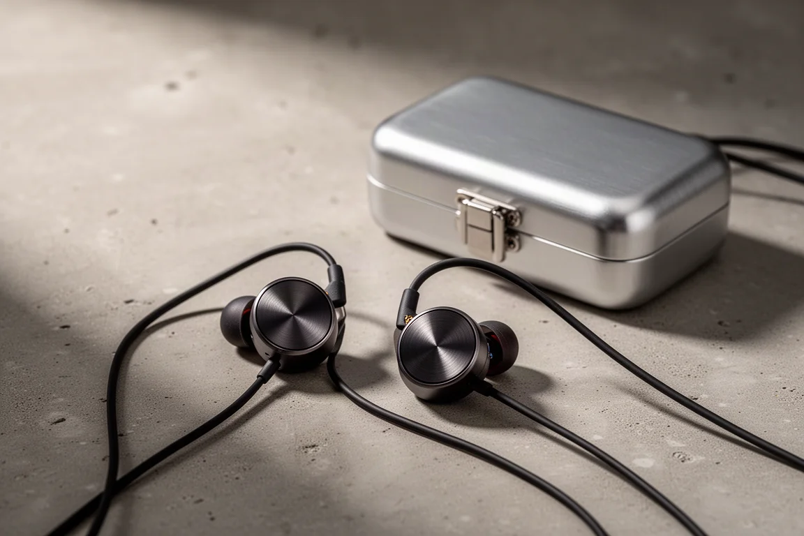 Circular planar magnetic in-ear monitors with metal housings beside a silver carry case