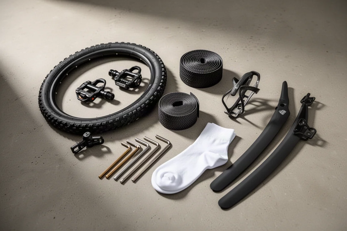 Flat-lay of cycling tyre, pedals, bar tape, bottle cage, hex keys, socks and mudguards on concrete