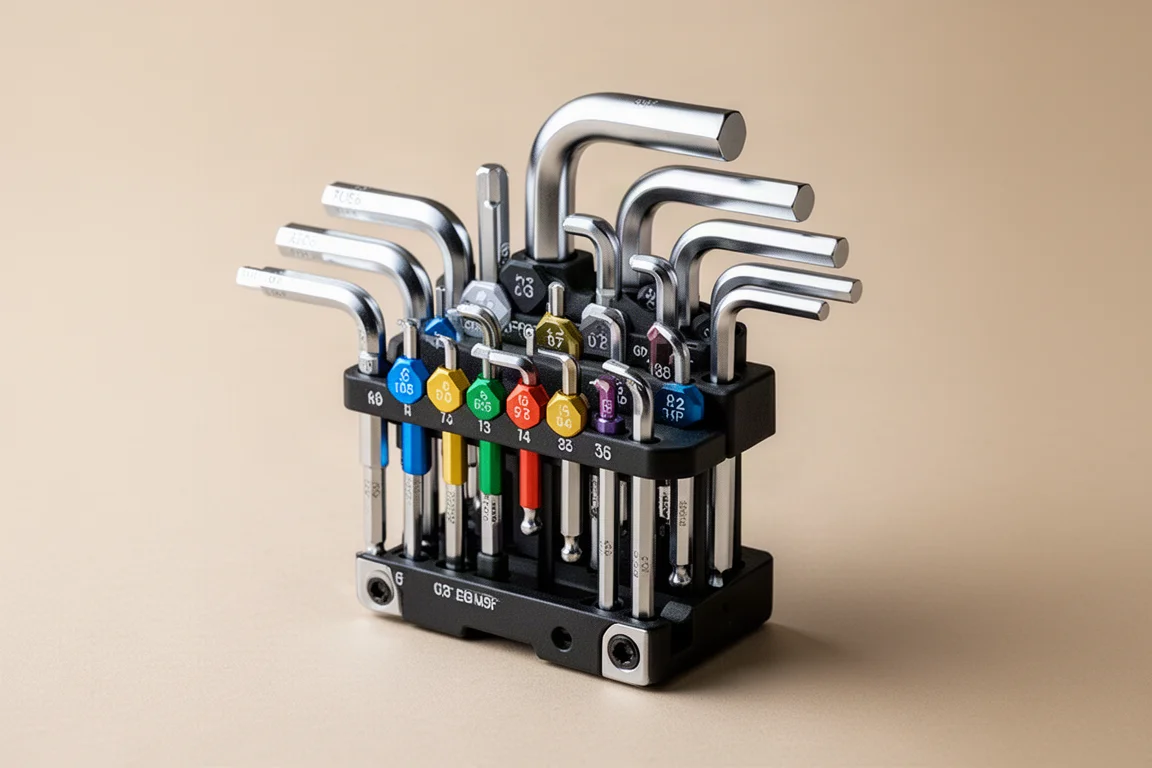 Nine hex L key sets arranged in rows on a matte concrete surface