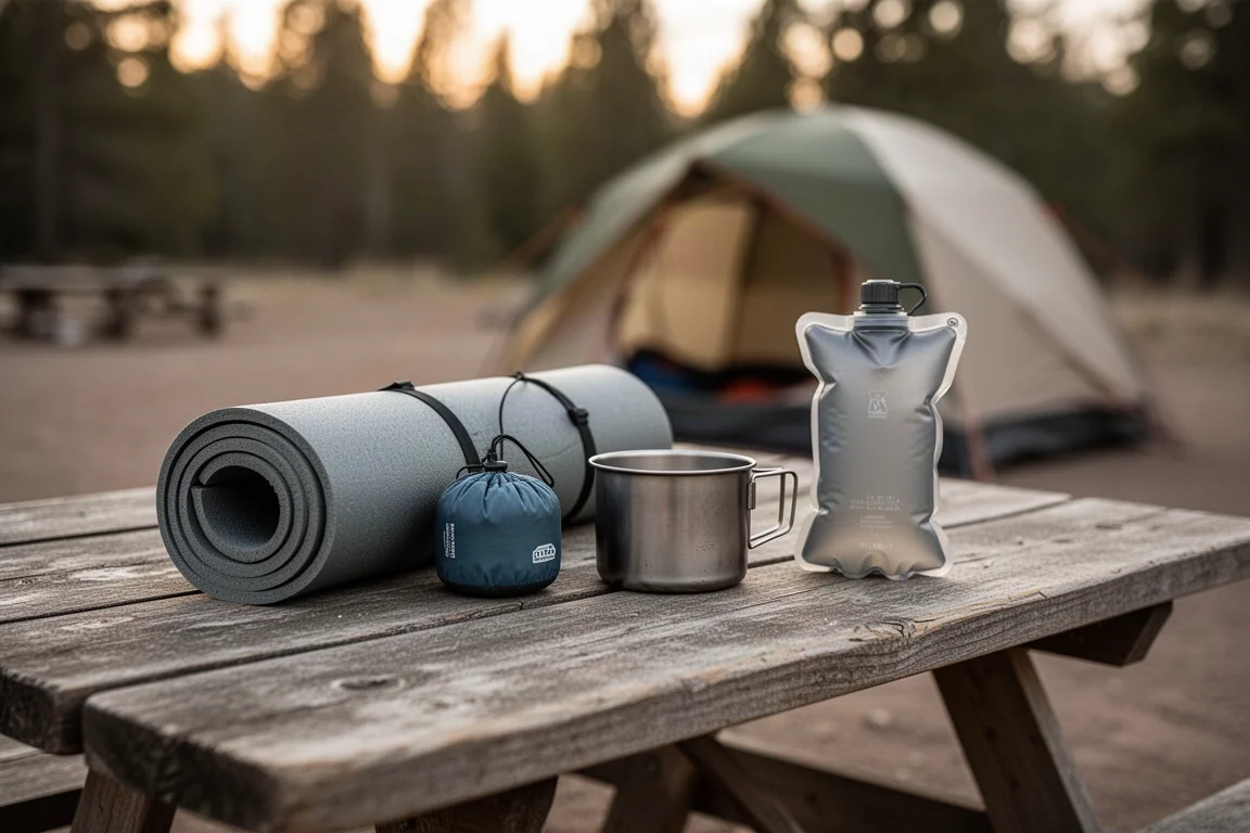 Backpacking sleep and cook kit laid out on a picnic table at a campsite in golden light