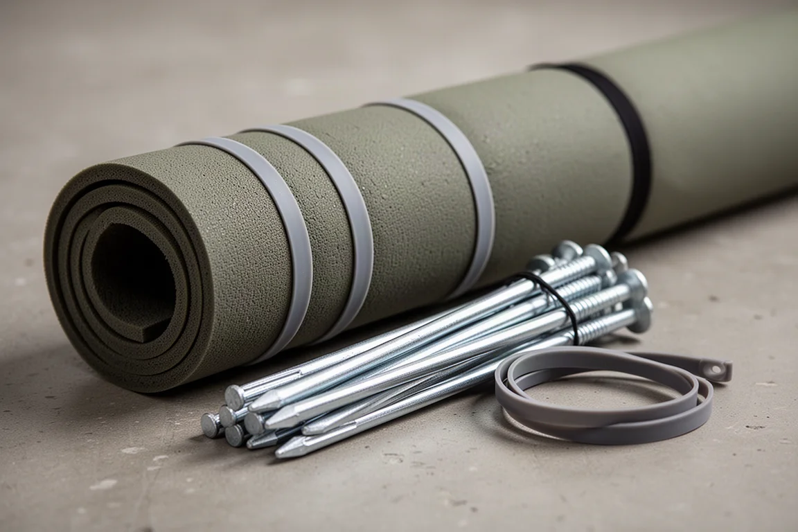 Thin silicone bands stretched around a rolled mat and a bundle of tent stakes on concrete