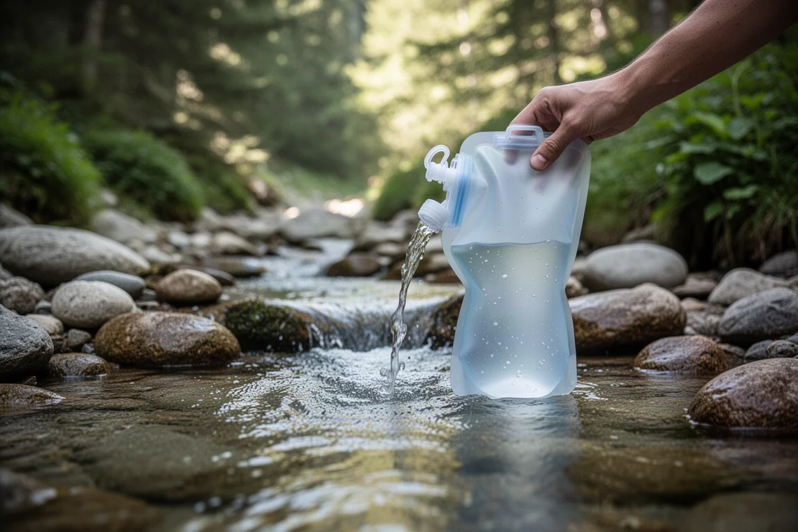 Flexible wide-mouth water bag being filled at a clear mountain stream