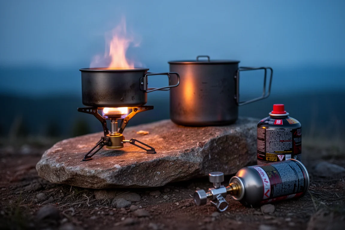 Canister stove burning beside a titanium pot at dusk with fuel canisters nearby