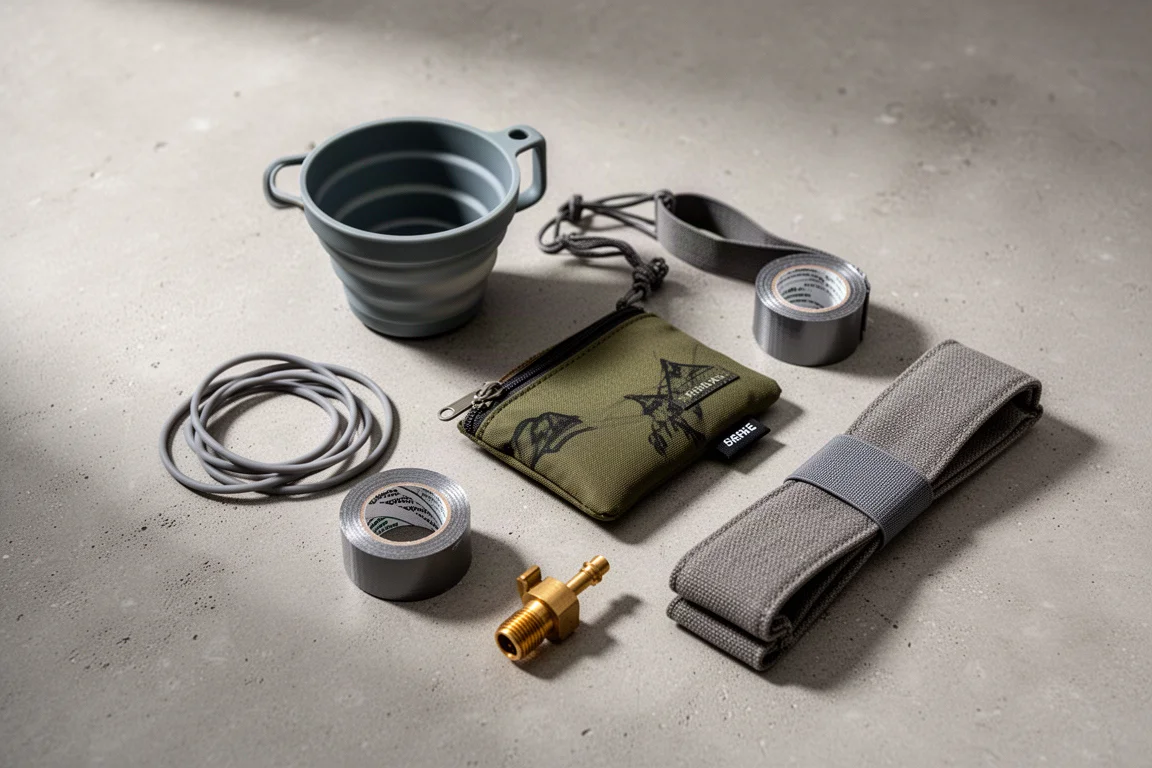 Flat-lay of ultralight backpacking accessories on a concrete surface