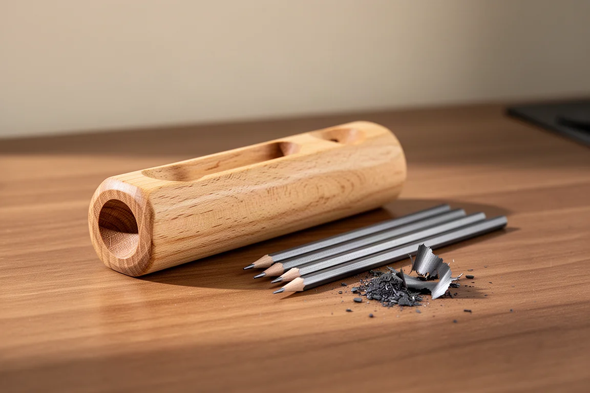 Houten potloodhouder liggend naast geslepen 2mm potloodstiften op een bureau