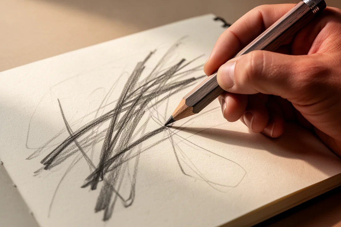 Hand schetst losse lijnen op papier met een dik rechthoekig potlood