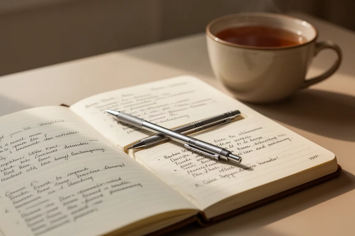 Lange schrijfsessie met slank vulpotlood en open notitieboek