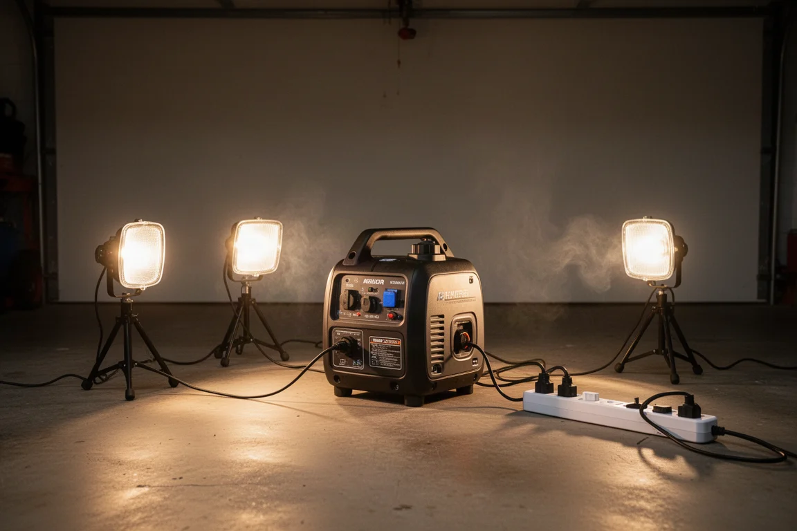 Draagbare inverter-generator die halogeenwerklampen van stroom voorziet op een garagevloer