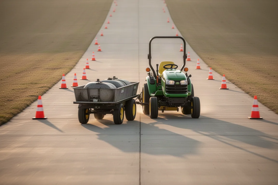 Sitratractor die een beladen aanhanger trekt over een gemeten betonnen teststrook