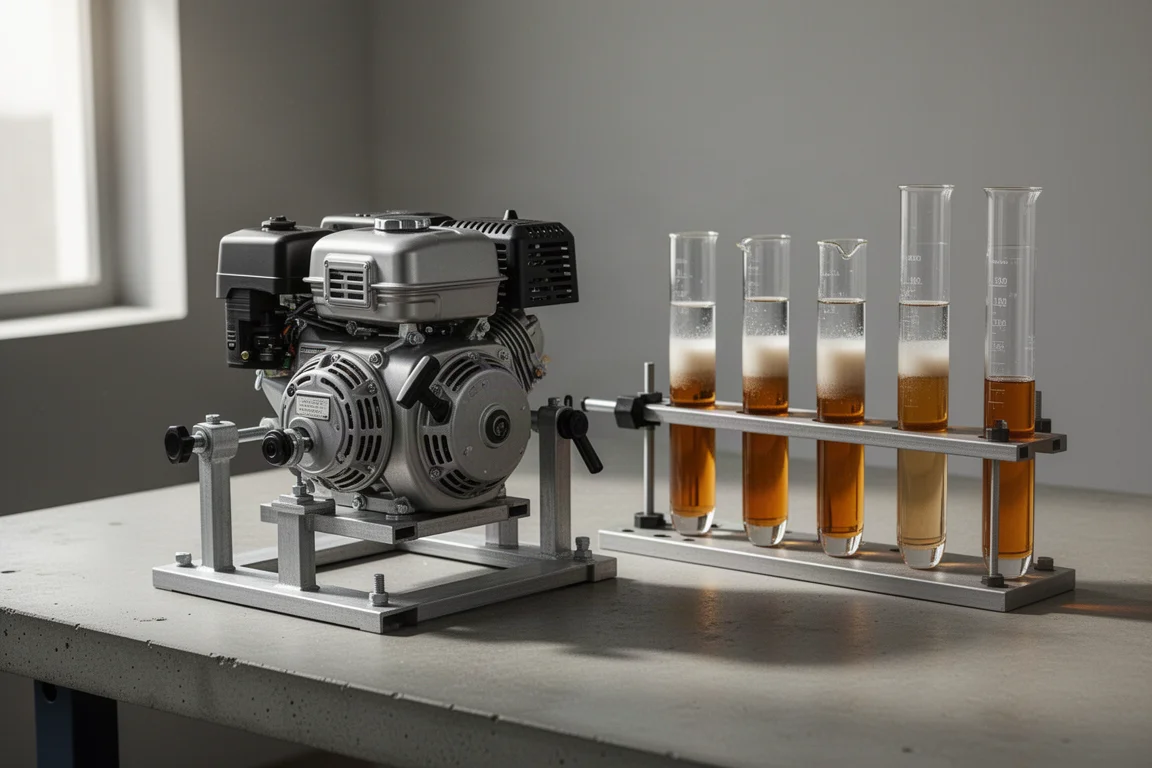 Kleine benzinemotor op een testbank naast glazen brandstof-testers