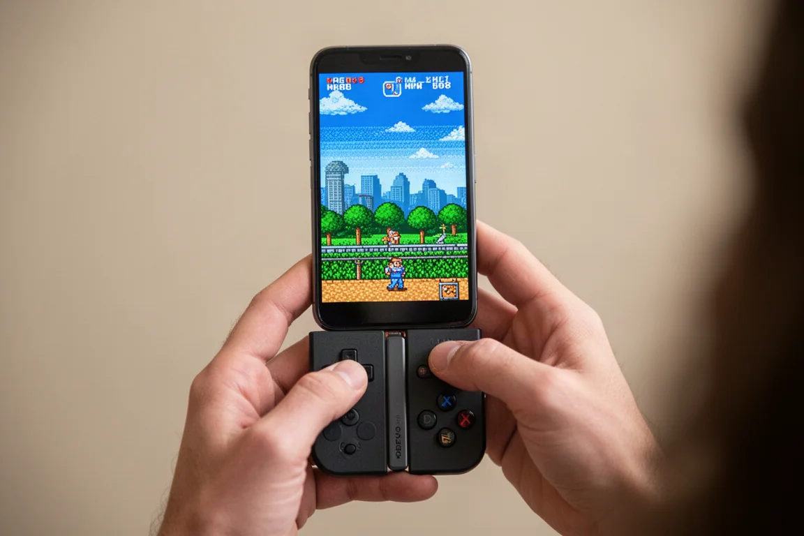 Person holding a smartphone with a compact vertical controller attached, playing a retro game