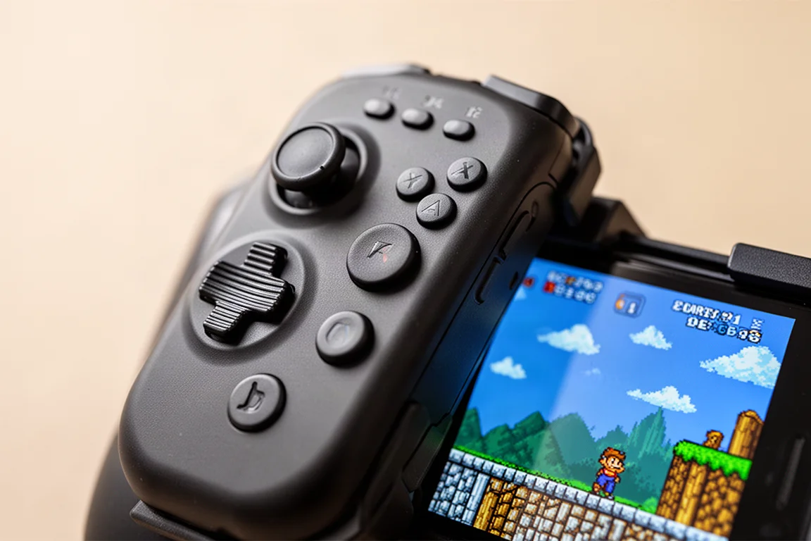 Close-up of a vertical phone controller with rubber membrane buttons and shoulder buttons