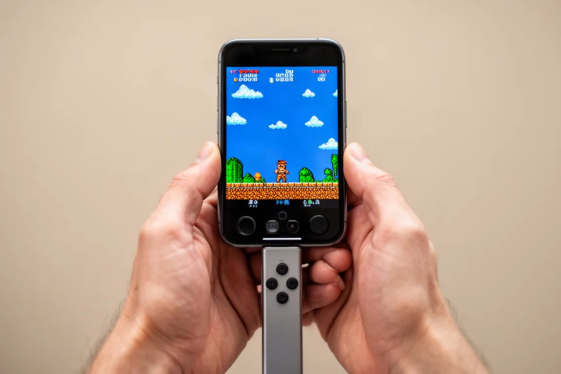 Smartphone with vertical controller attached being used in portrait mode with emulator app