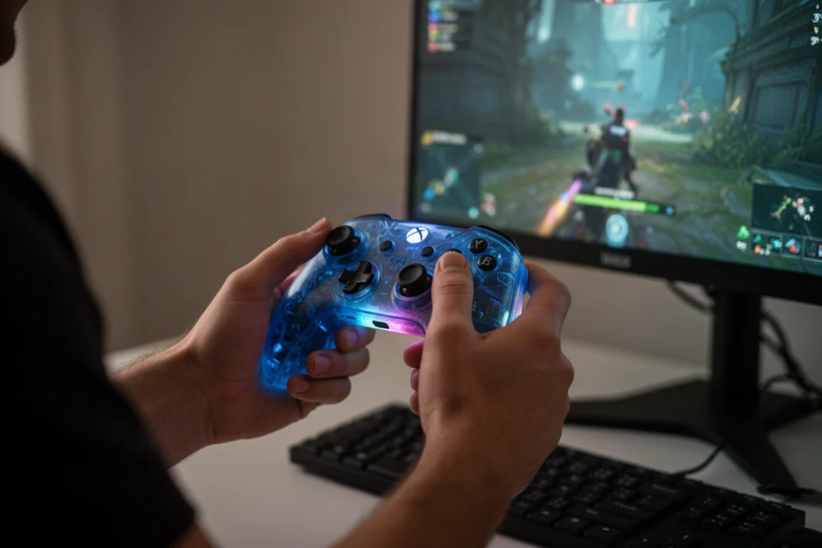 PCモニターでゲームをプレイしながらコントローラーを手に持っている様子
