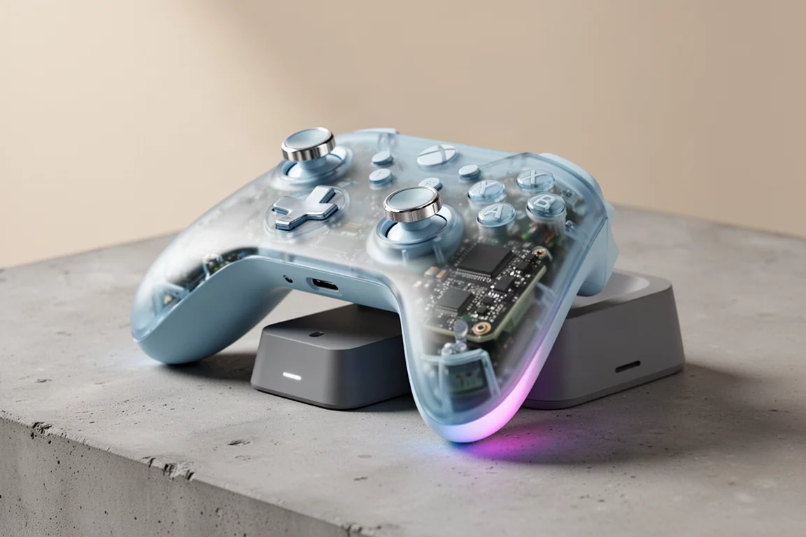 Contrôleur sans fil 8BitDo Ultimate 2 en bleu transparent avec station de charge sur une surface en béton