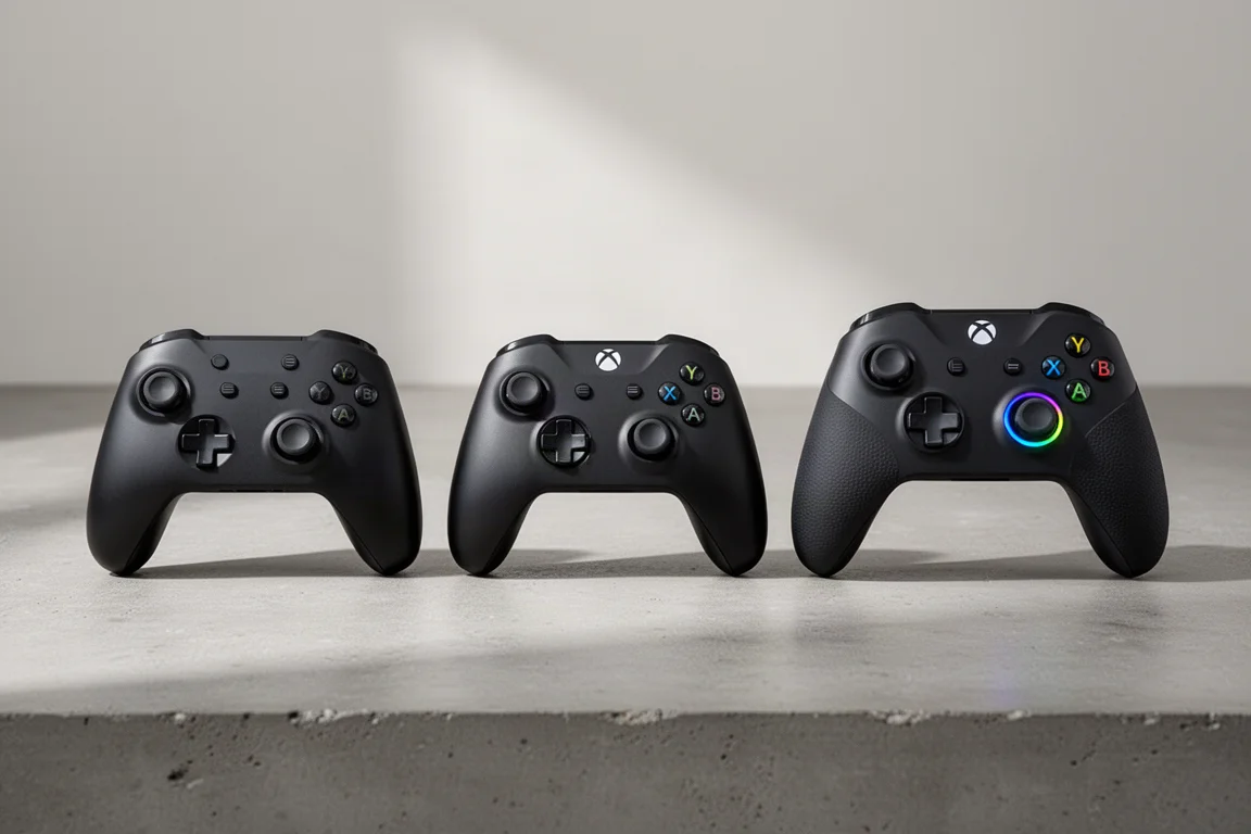 Drei Generationen von 8BitDo Ultimate Controllern nebeneinander aufgereiht