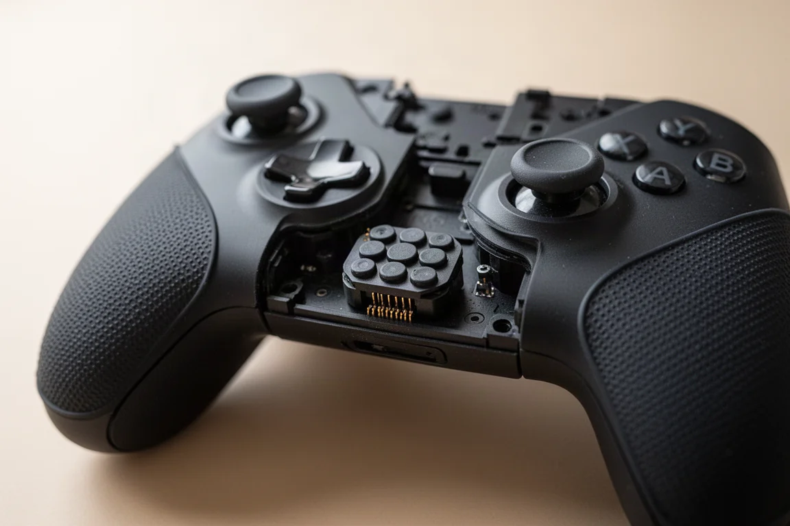Nahaufnahme einer abgenommenen Controller-Frontplatte, die das austauschbare Tastenmodul zeigt