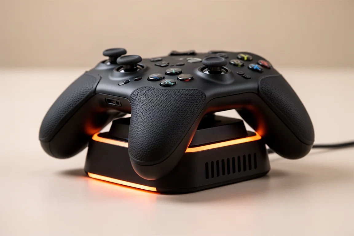 Controller auf seiner kabellosen Ladestation mit dezentem orangefarbenem LED-Schein