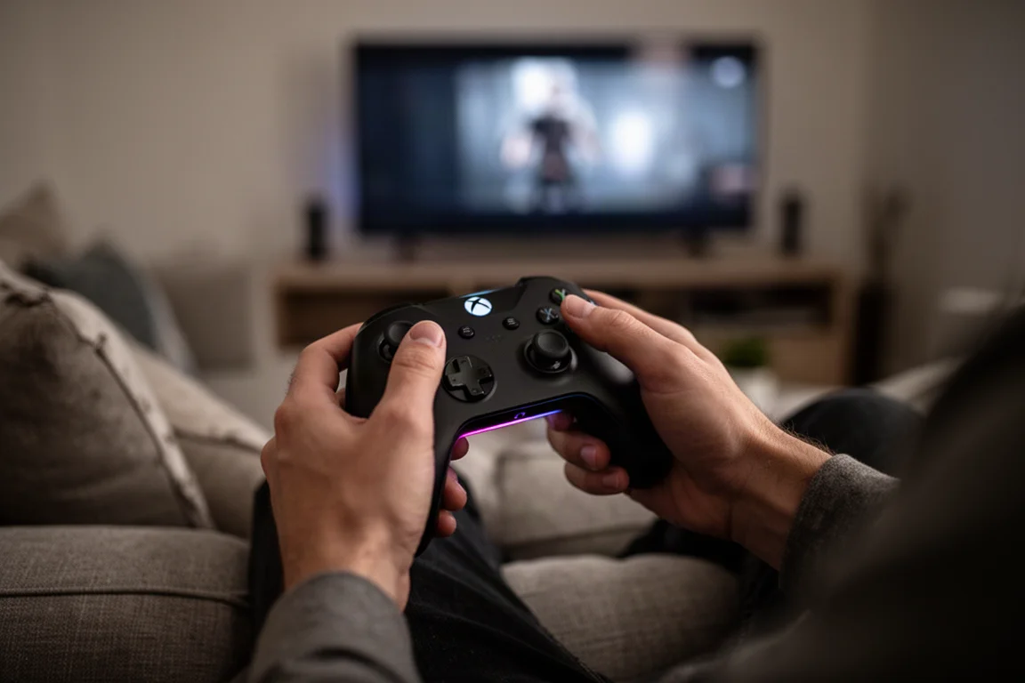 Gamer, der den Controller beim Spielen auf einem Sofa in einem schwach beleuchteten Wohnzimmer hält